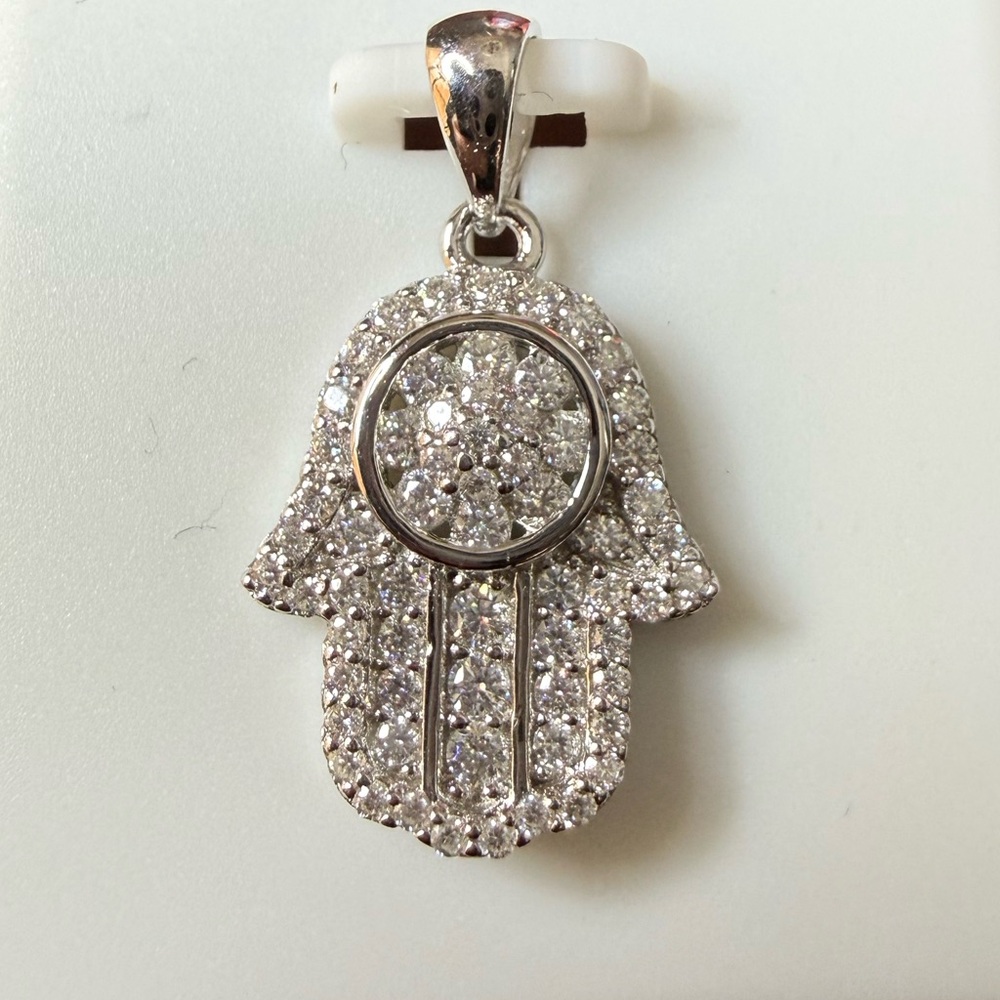 925 Sterling Silver Moissanite Hamsa Hand Pendant - Picture 2 of 8
